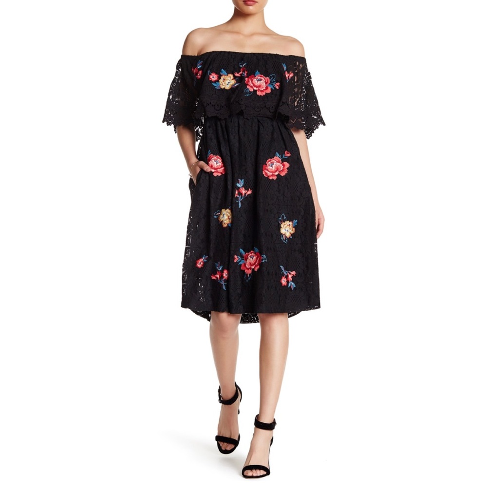 Floral Off-Shoulder Black Dress